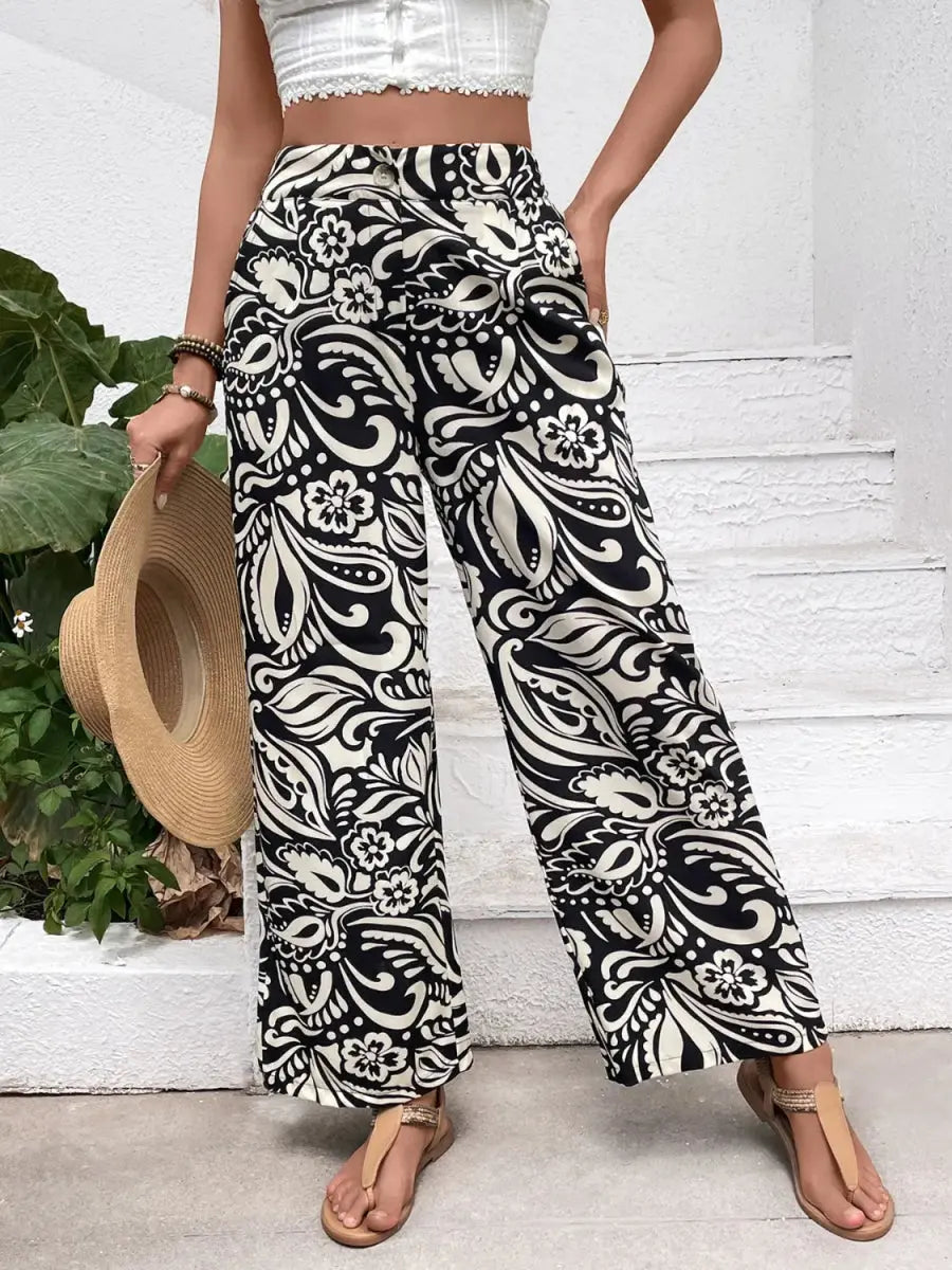 Trendsi Printed Wide Leg Women's Pants Casual Bottoms with Pockets