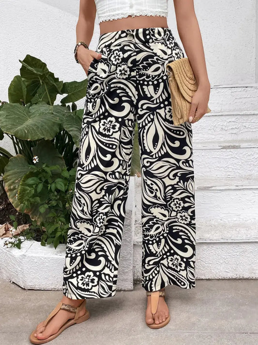 Trendsi Printed Wide Leg Women's Pants Casual Bottoms with Pockets