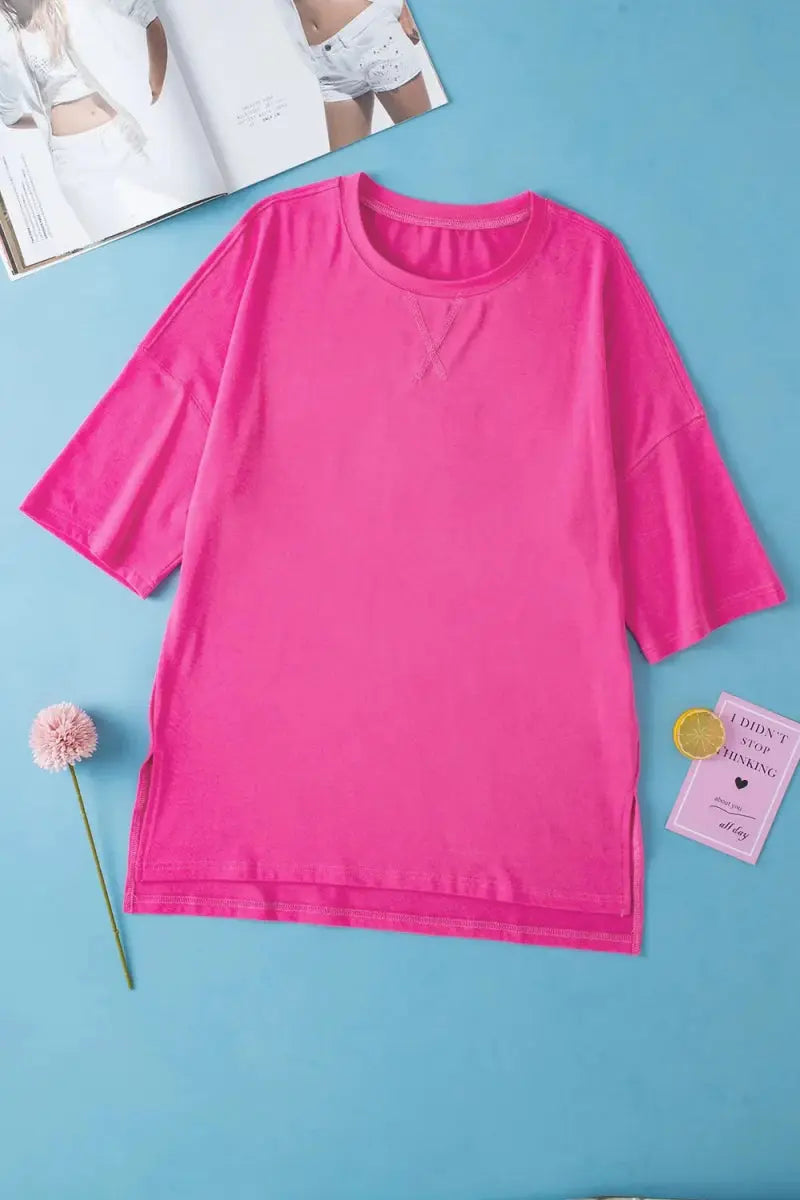 Trendsi Slit Round Neck Tee Women's Casual Top Half Sleeve Soft Fabric