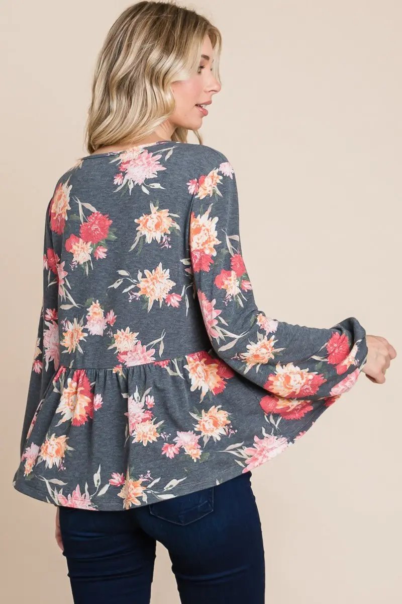 Trendsi Floral Babydoll Women's Long Sleeve Blouse USA Shipped Shirt