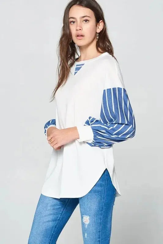 Women's Long Sleeve Top - Striped French Terry - Casual Soft & Comfy