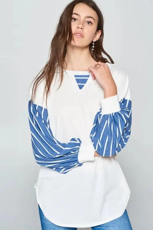 Women's Long Sleeve Top - Striped French Terry - Casual Soft & Comfy