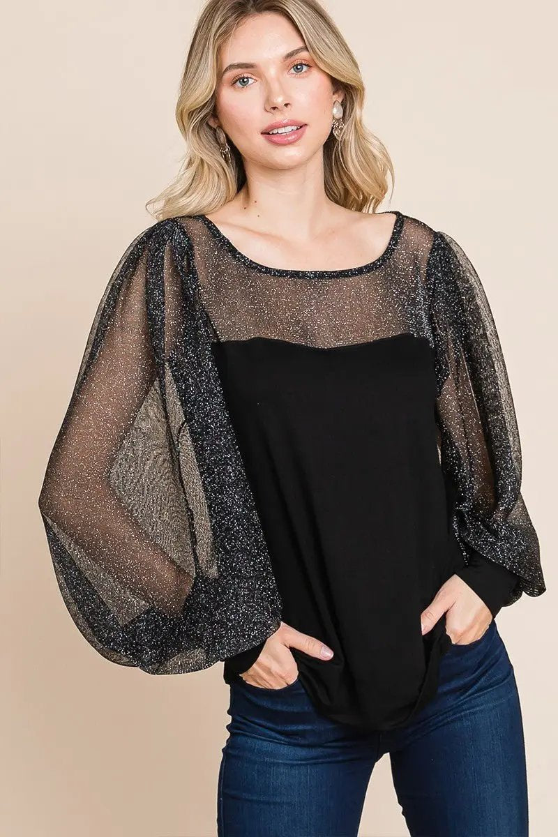 Trendsi Metallic Mesh Blouse Women's Party Top Lantern Sleeve Shirt Elegant