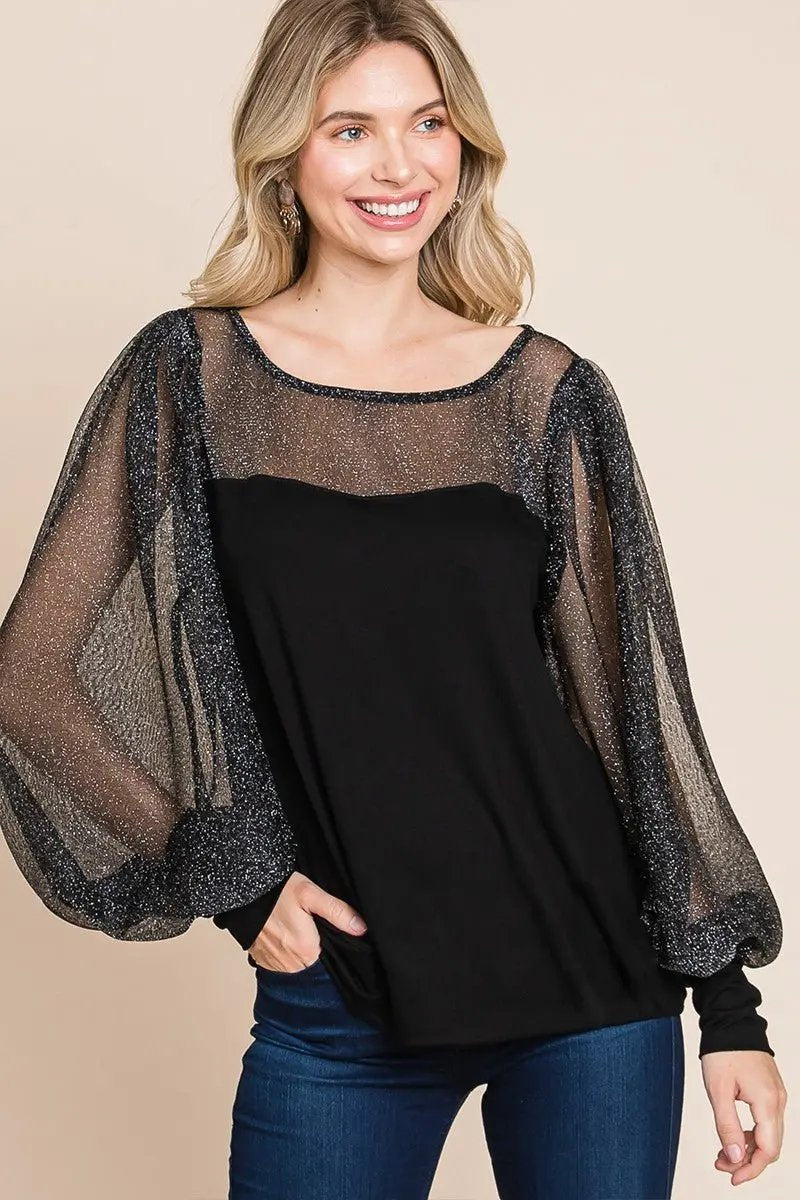 Trendsi Metallic Mesh Blouse Women's Party Top Lantern Sleeve Shirt Elegant