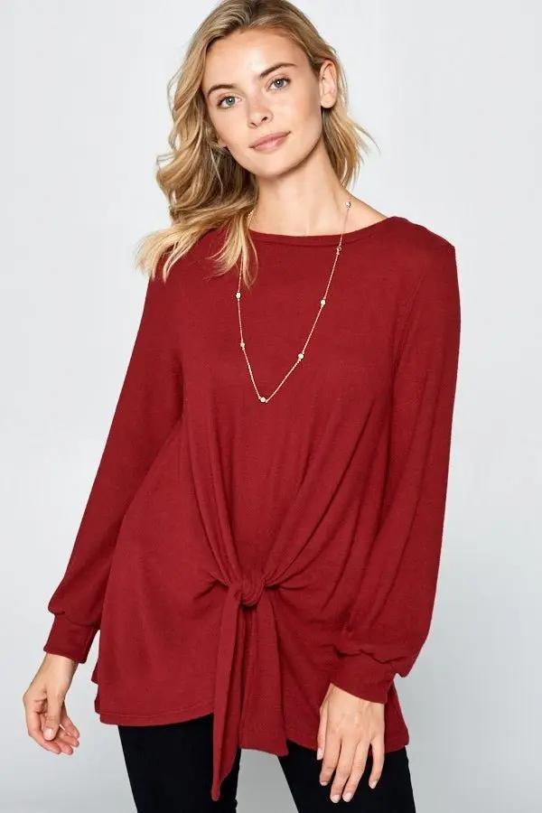 Trendsi Hacci Blouse Women's Round Neck Knot Front Top USA Shipped