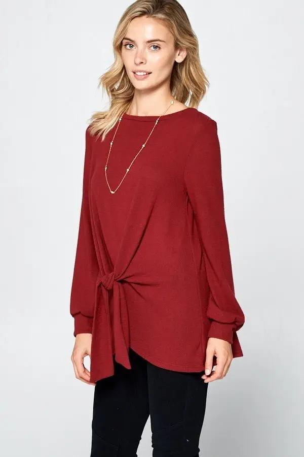 Trendsi Hacci Blouse Women's Round Neck Knot Front Top USA Shipped