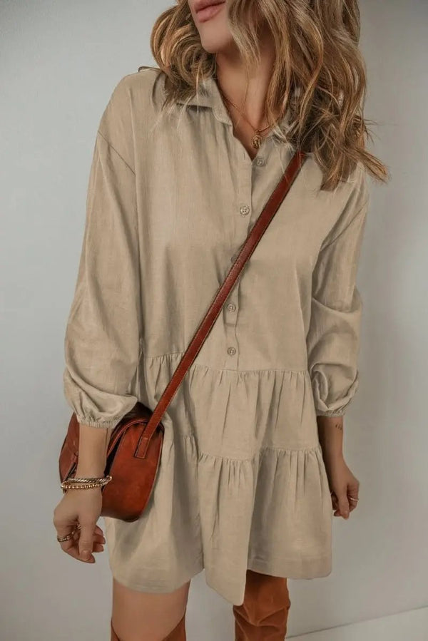 Mini Dress - Puff Sleeve Tiered - Date Night Shirt Dress