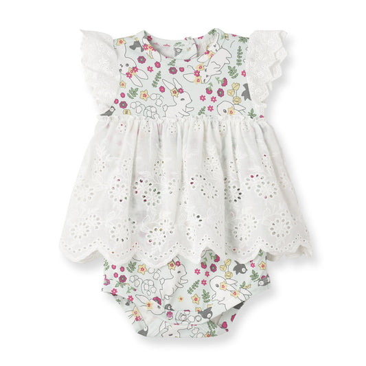 Bunny Garden Eyelet Skirted Bodysuit – Baby Girl One-Piece