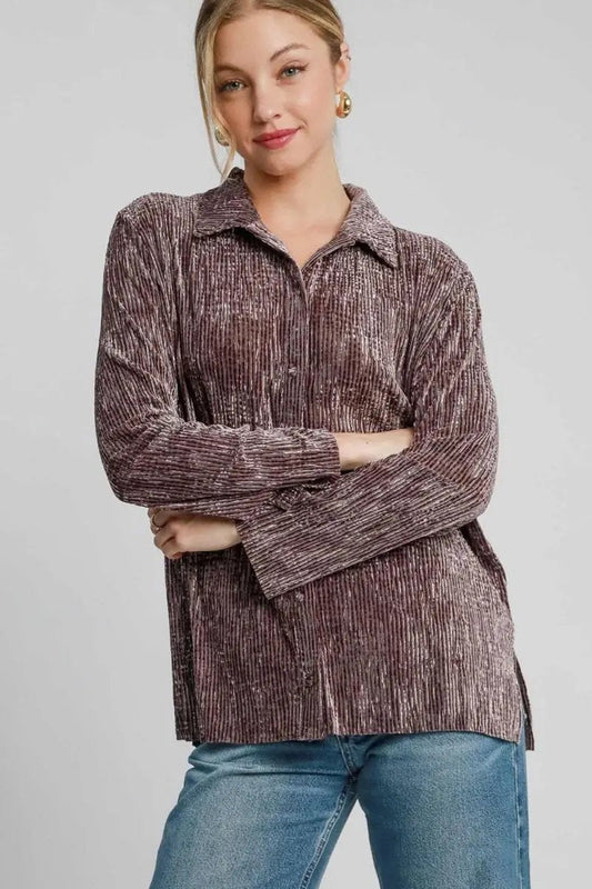 Trendsi Textured Button-Up Women's Casual Shirt USA Made, Side Slit