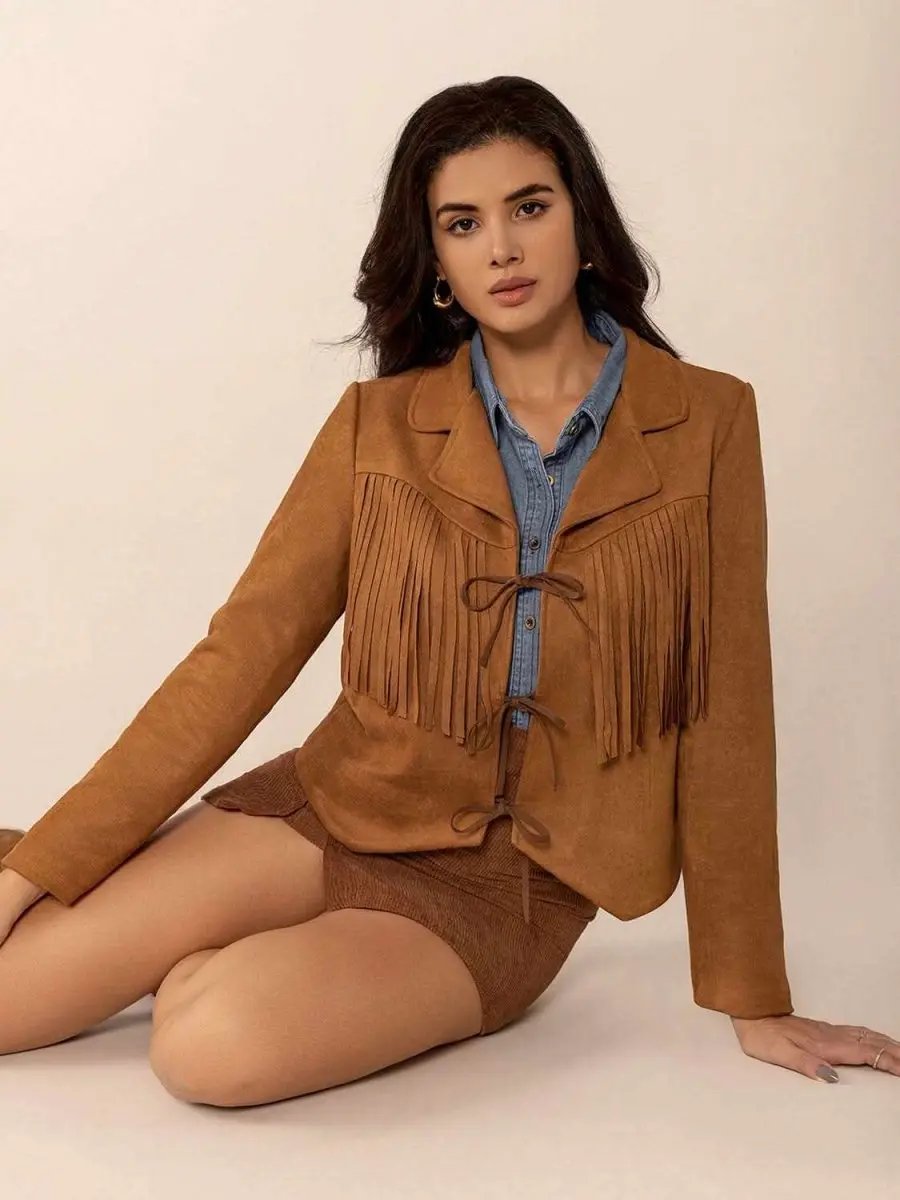 Trendsi Tied Tassel Jacket Women's Collared Neck Long Sleeve Outerwear - Stylish & Trendy