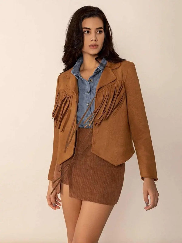 Trendsi Tied Tassel Jacket Women's Collared Neck Long Sleeve Outerwear - Stylish & Trendy