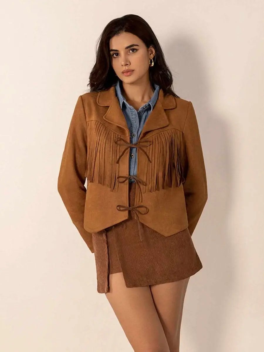 Trendsi Tied Tassel Jacket Women's Collared Neck Long Sleeve Outerwear - Stylish & Trendy