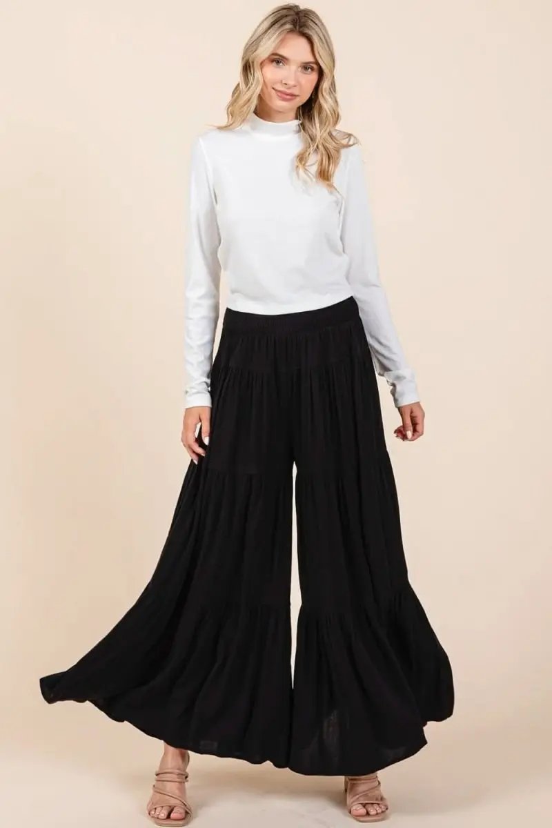 Trendsi Smocked Crepe Pants Women's Casual Wide Leg Trousers Elastic Waist, Pockets