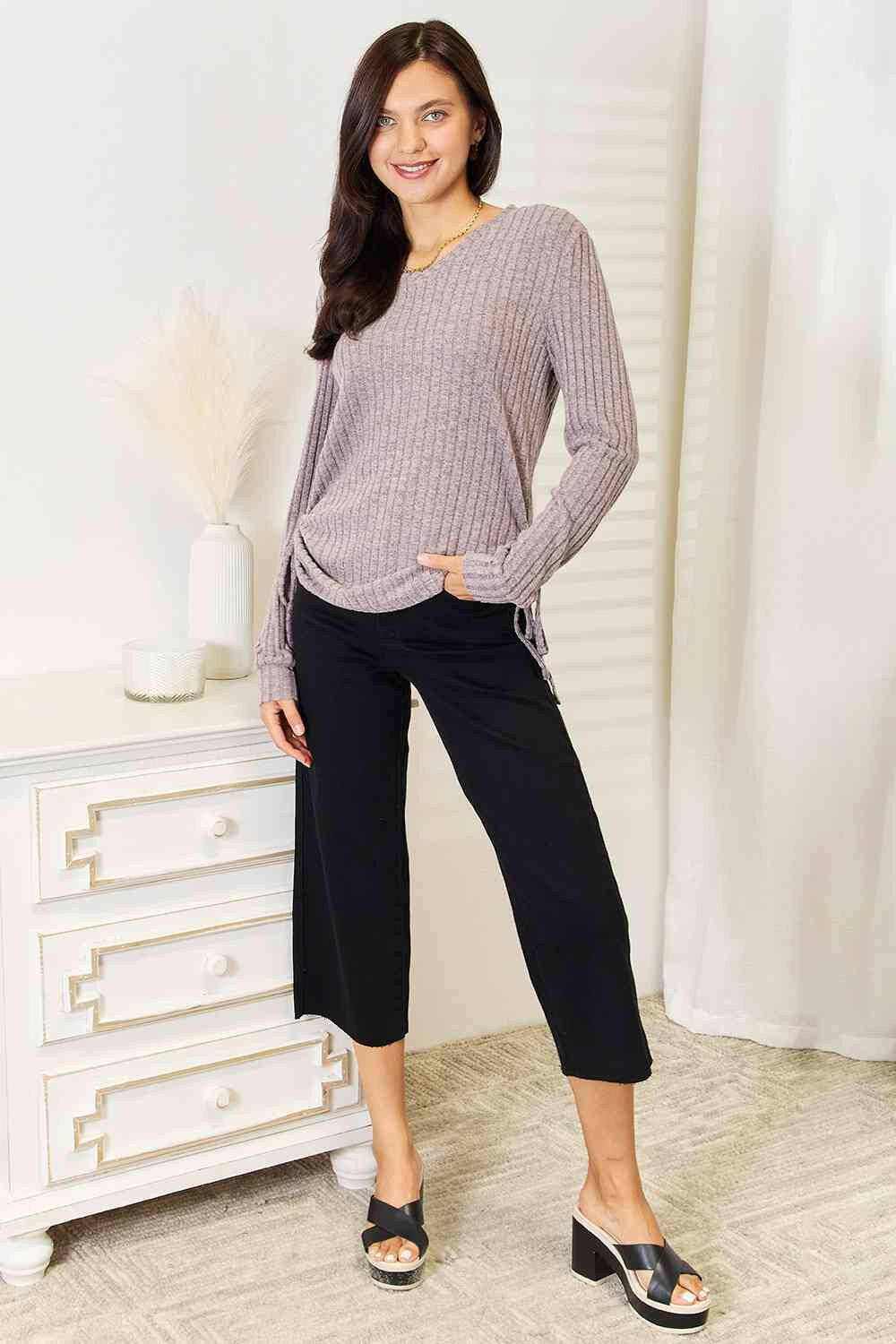 Ribbed Top - Drawstring Detail - Casual Fashion