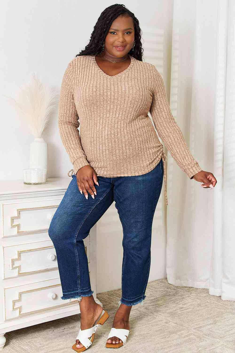 Ribbed Top - Drawstring Detail - Casual Fashion
