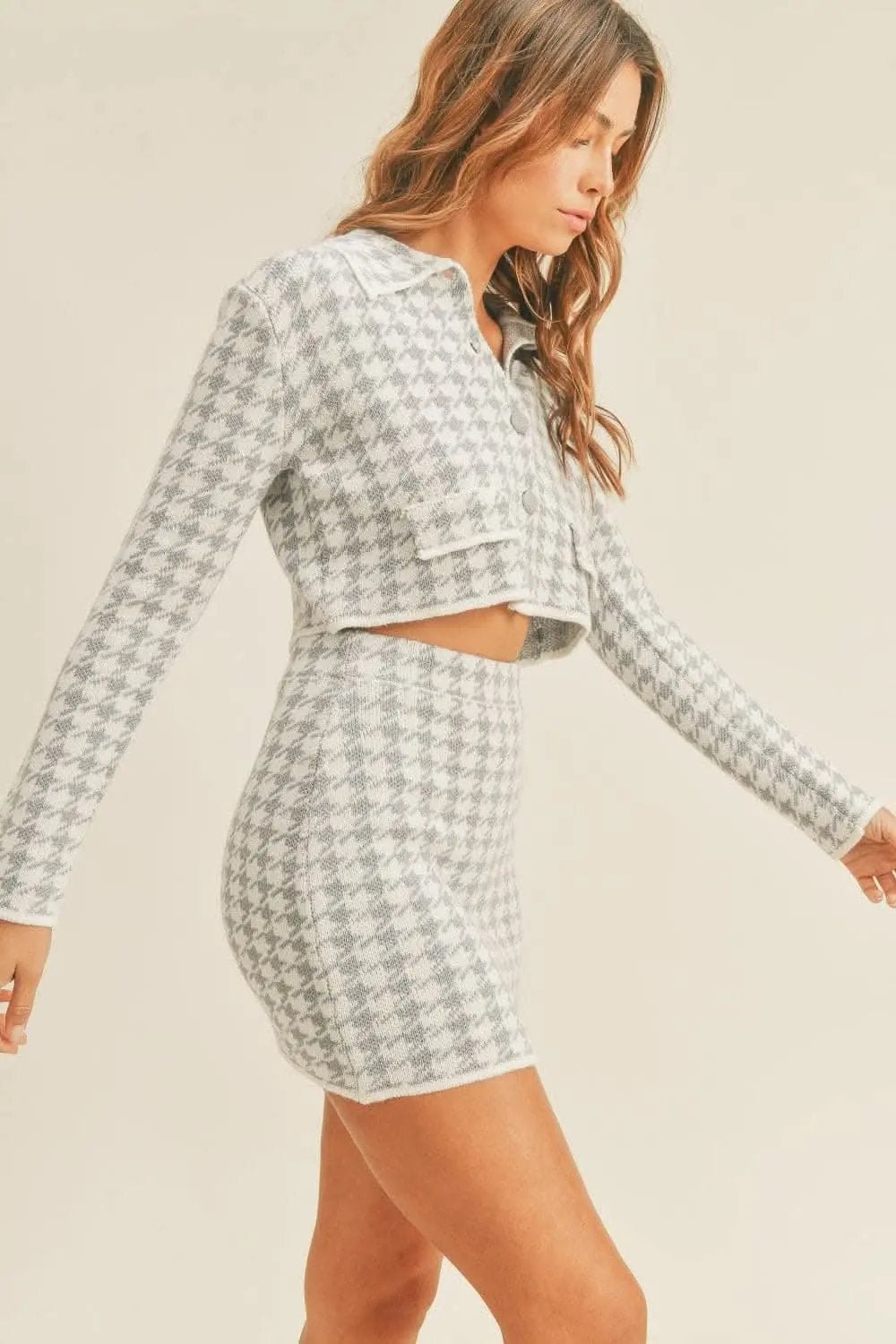 Women's Knit Set - Houndstooth Pattern - Casual Matching Outfit