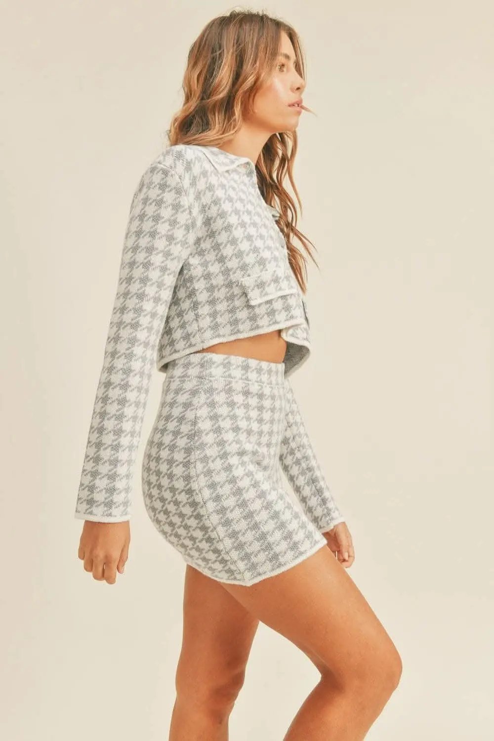Women's Knit Set - Houndstooth Pattern - Casual Matching Outfit