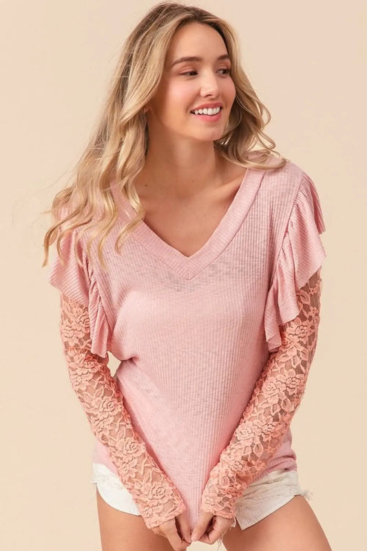 Trendsi BiBi Ruffled Lace Sleeve Rib Knit Top