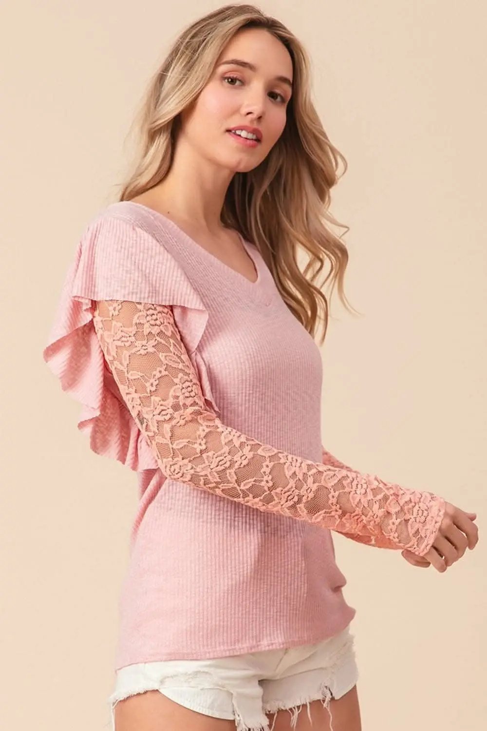 Trendsi BiBi Ruffled Lace Sleeve Rib Knit Top