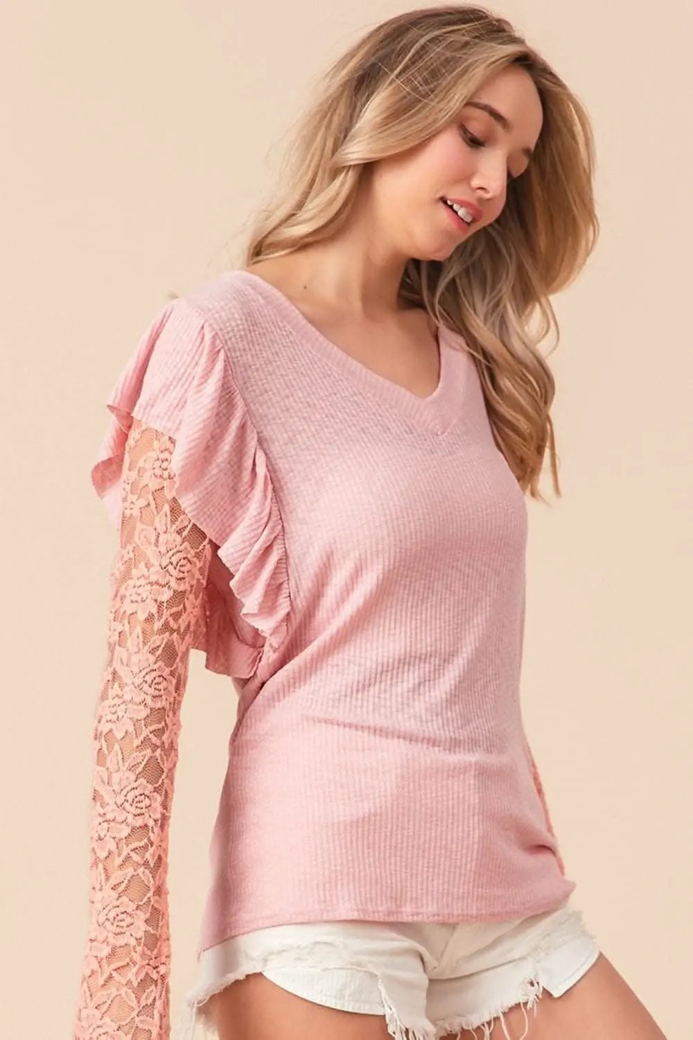 Trendsi BiBi Ruffled Lace Sleeve Rib Knit Top
