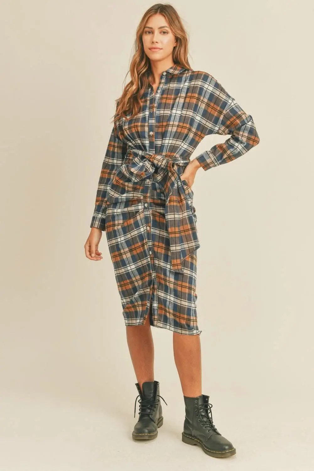 Trendsi Plaid Flannel Dress Women's Tie-Front Shirt Dress Casual, Ship from USA