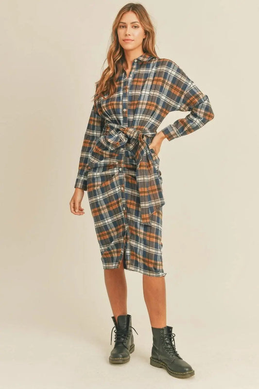 Trendsi Plaid Flannel Dress Women's Tie-Front Shirt Dress Casual, Ship from USA