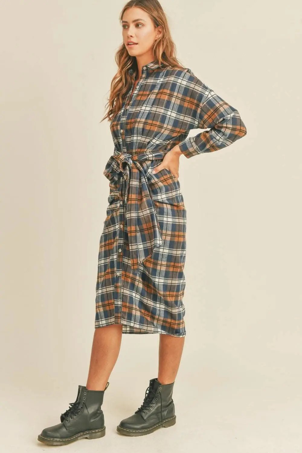 Trendsi Plaid Flannel Dress Women's Tie-Front Shirt Dress Casual, Ship from USA