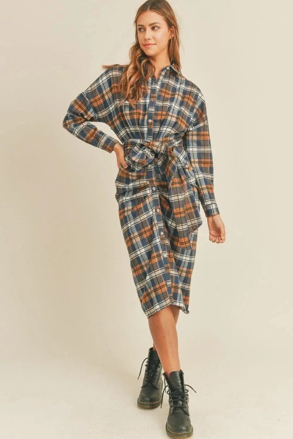 Trendsi Plaid Flannel Dress Women's Tie-Front Shirt Dress Casual, Ship from USA