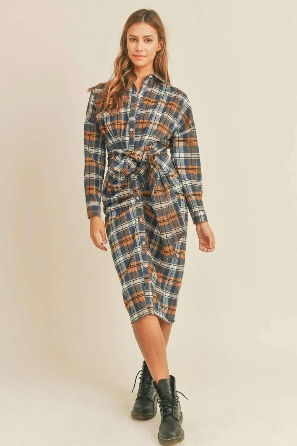 Trendsi Plaid Flannel Dress Women's Tie-Front Shirt Dress Casual, Ship from USA