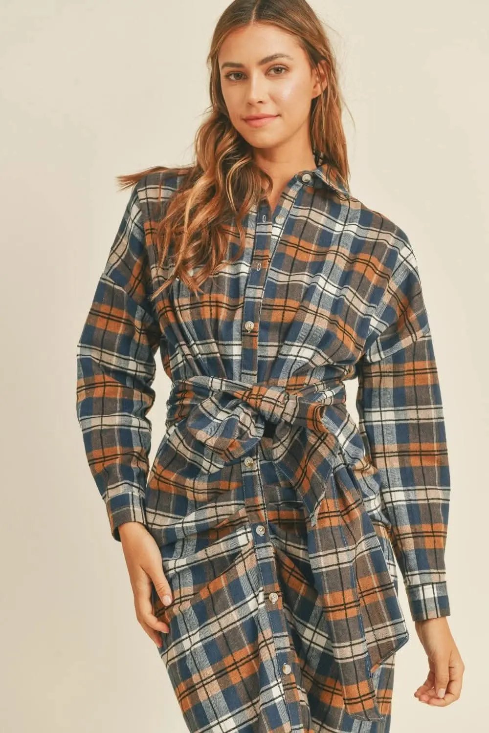 Trendsi Plaid Flannel Dress Women's Tie-Front Shirt Dress Casual, Ship from USA