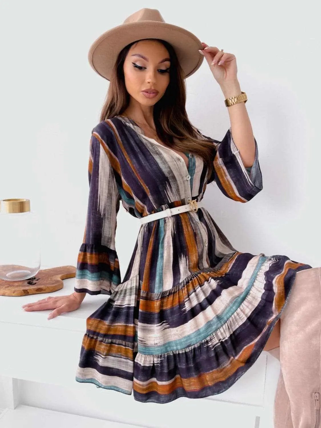 Trendsi Casual Dresses - Chic striped mini dress, long sleeves - Premium Quality