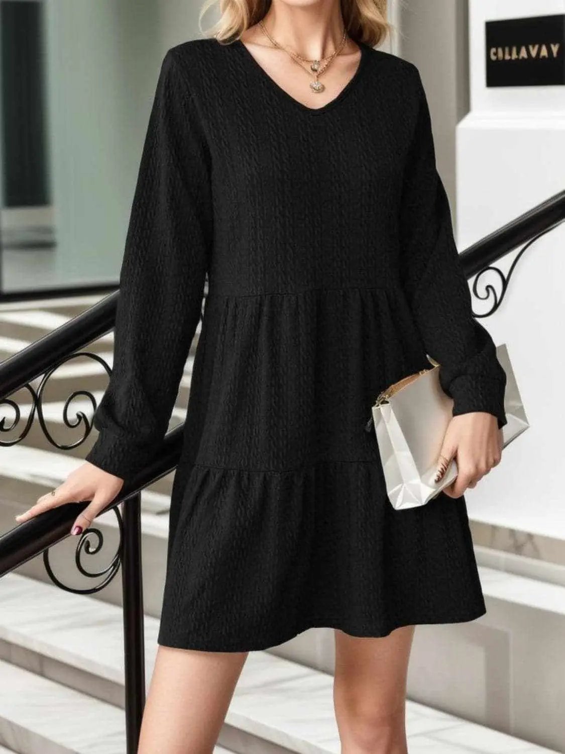 Trendsi Casual Dresses - Chic v-neck long sleeve dress - Premium Quality