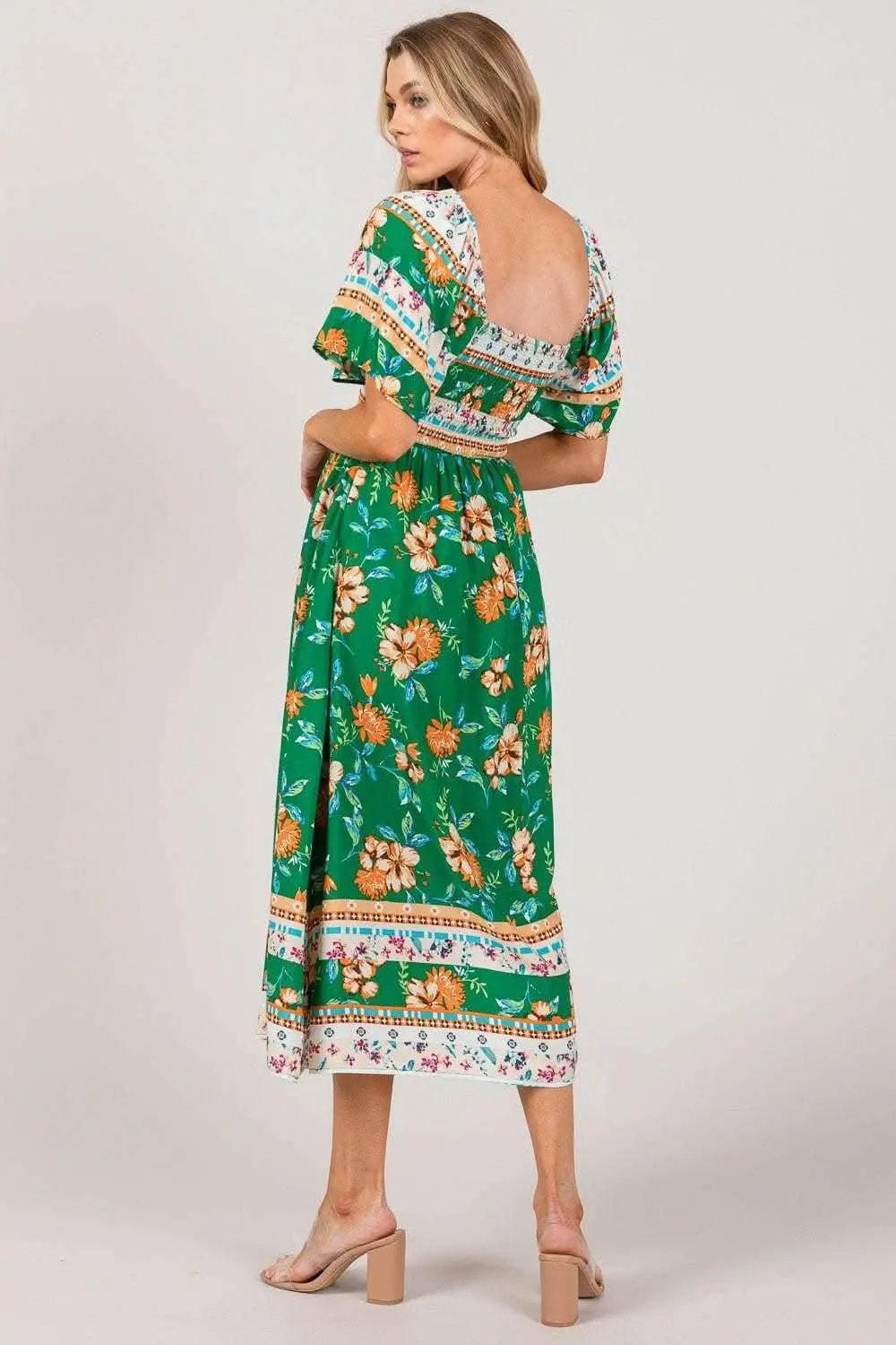 Midi Dress - Sage Fig Floral Print Smocked Sleeves - Elegant