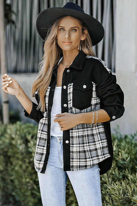 Denim Jacket - Plaid Pocket - Stylish