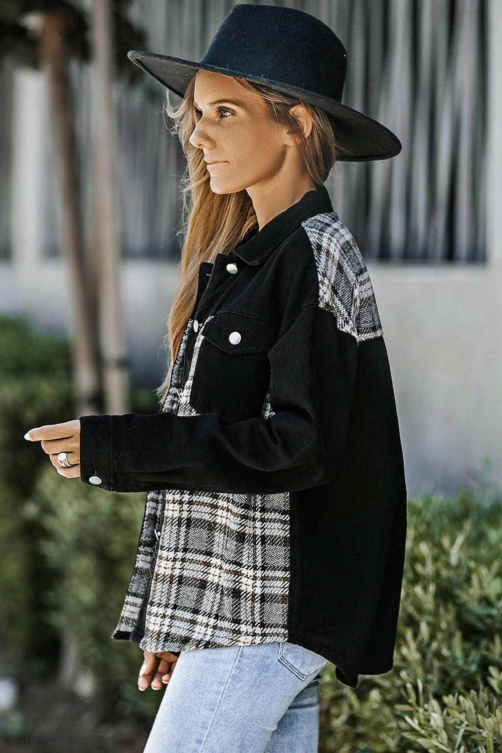 Denim Jacket - Plaid Pocket - Stylish