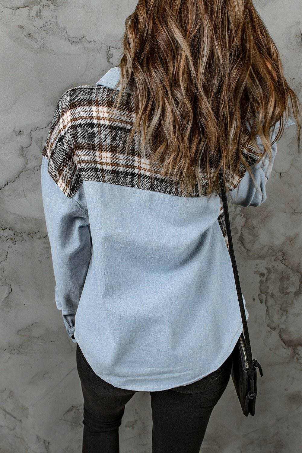 Denim Jacket - Plaid Pocket - Stylish
