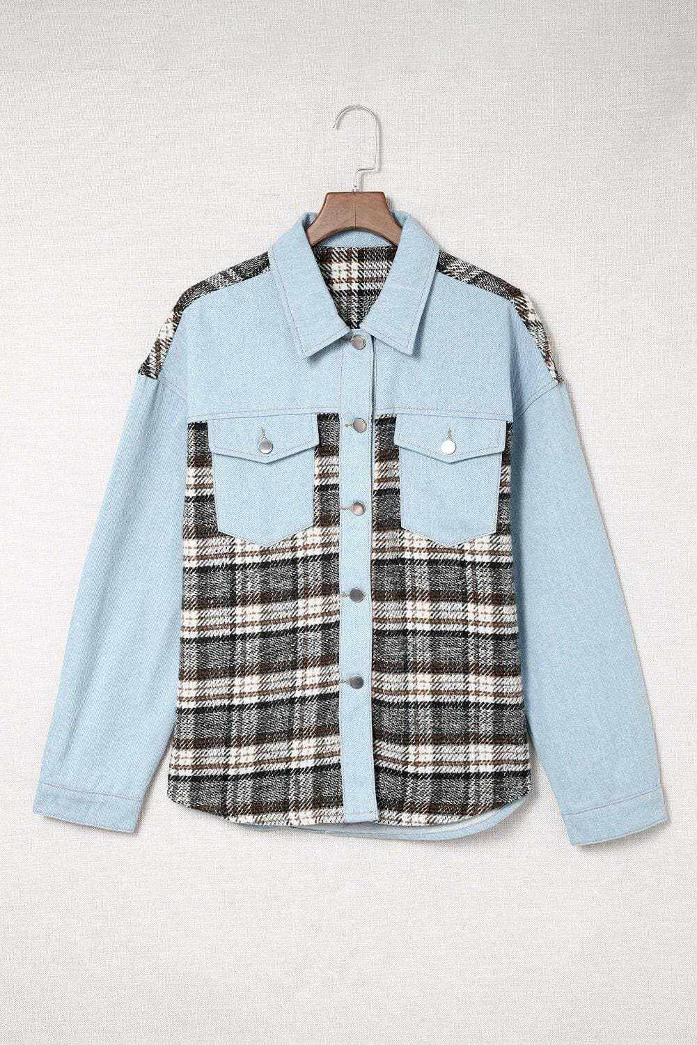 Denim Jacket - Plaid Pocket - Stylish