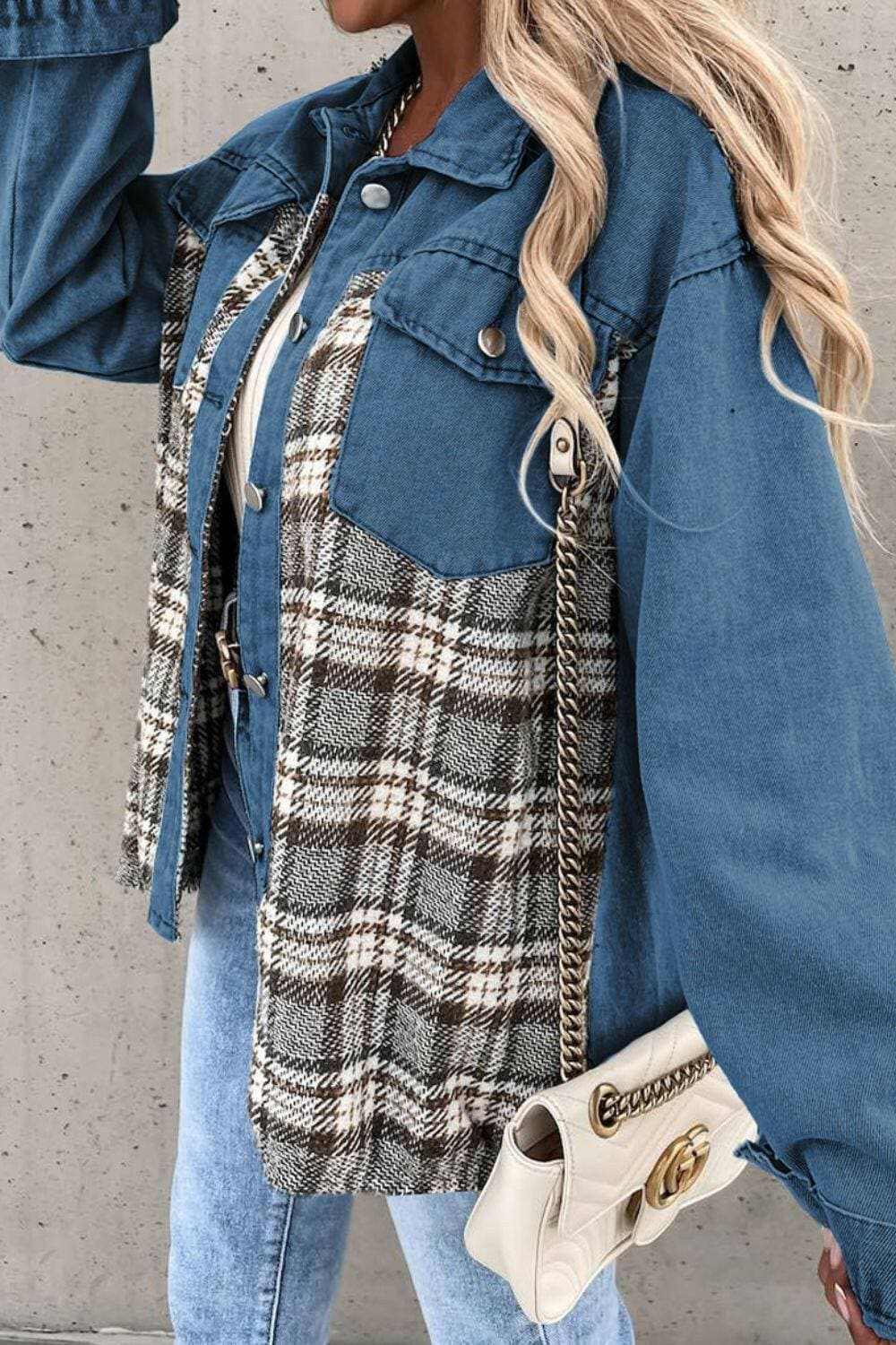 Denim Jacket - Plaid Pocket - Stylish