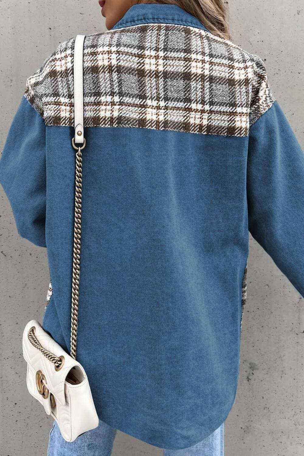 Denim Jacket - Plaid Pocket - Stylish