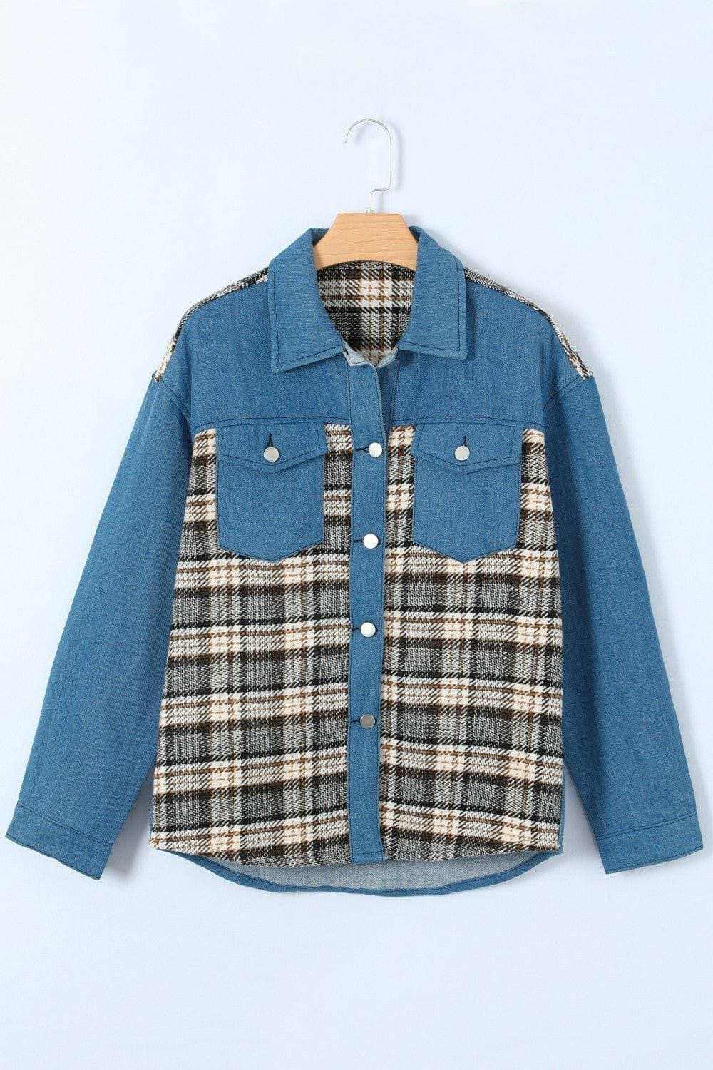 Denim Jacket - Plaid Pocket - Stylish