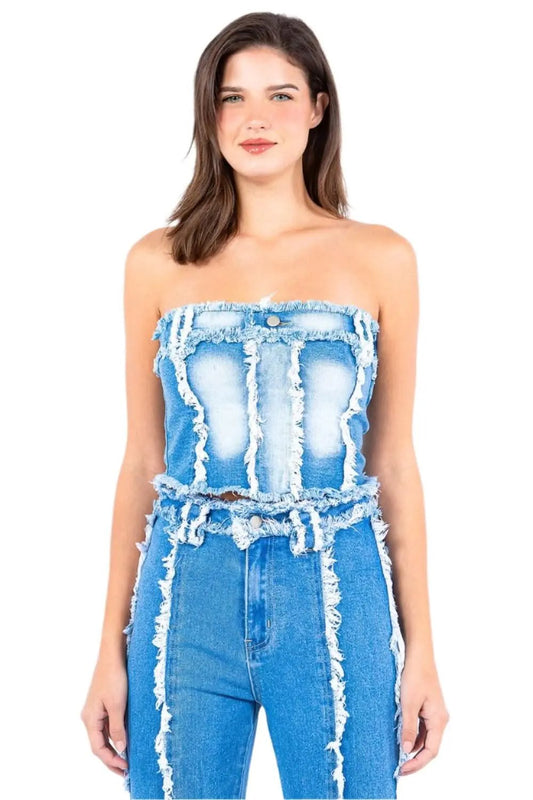 Trendsi Premium Frayed edge denim corset top