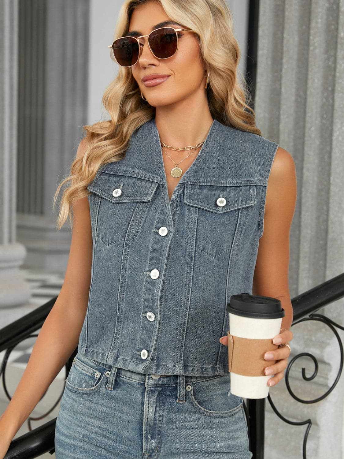 Trendsi V-neck denim vest with buttons
