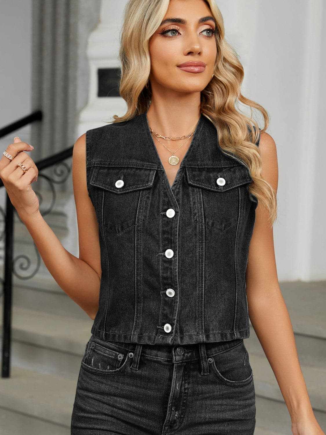 Trendsi V-neck denim vest with buttons