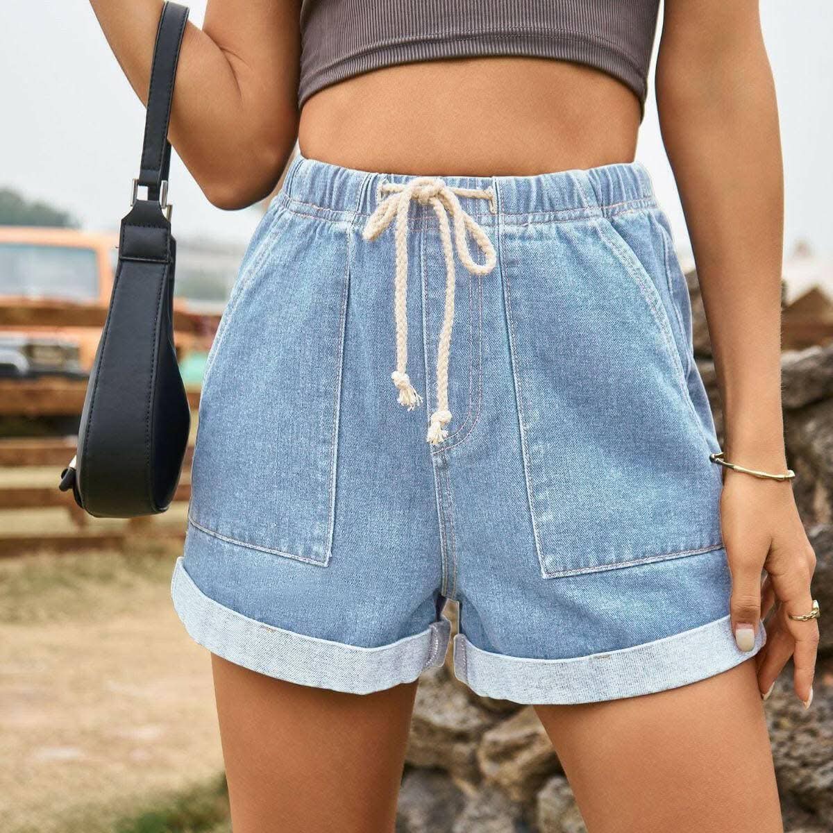 Denim Shorts - High-Waisted with Pockets - Casual