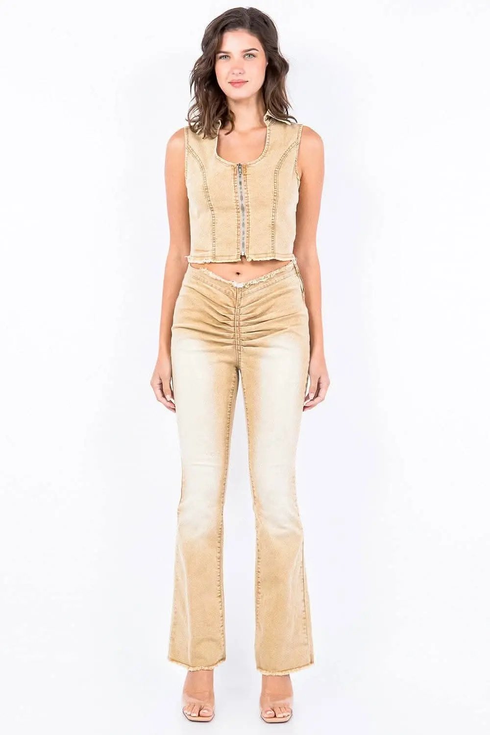 Trendsi V-cut ruched mid flare pants