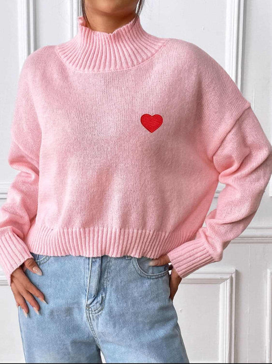 Trendsi Heart Turtleneck Sweater Women's Fall/Winter Fashion Knit Top - Cozy & Stylish