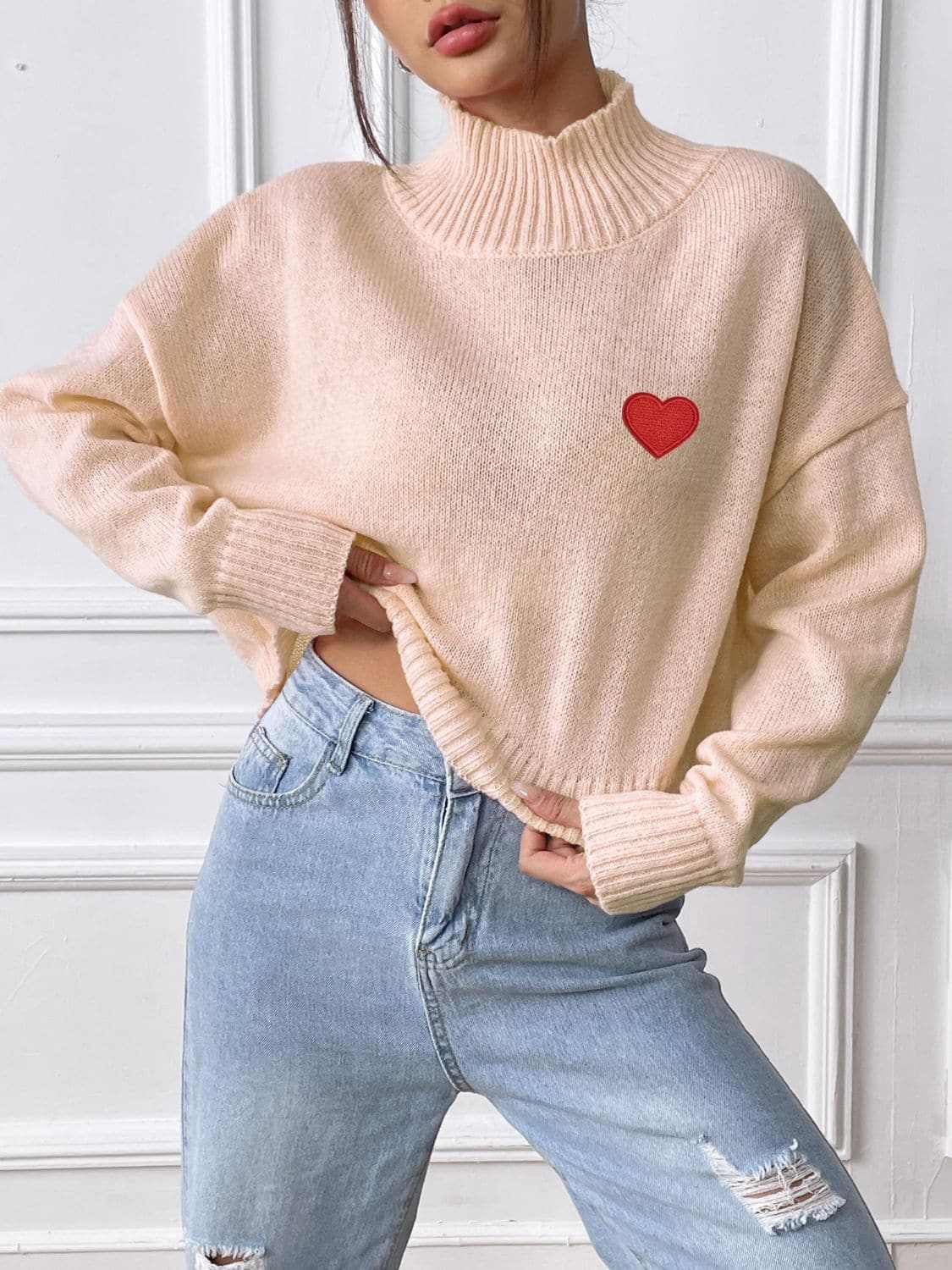 Trendsi Heart Turtleneck Sweater Women's Fall/Winter Fashion Knit Top - Cozy & Stylish