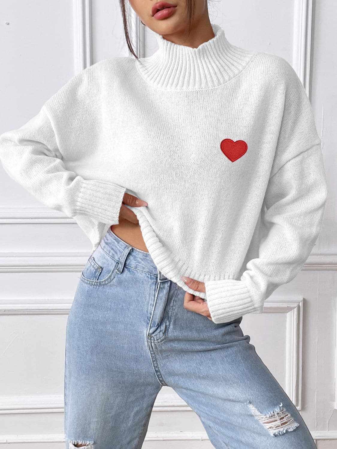Trendsi Heart Turtleneck Sweater Women's Fall/Winter Fashion Knit Top - Cozy & Stylish