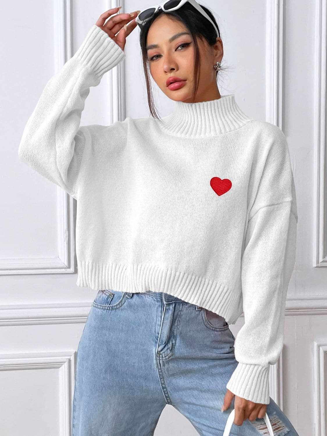 Trendsi Heart Turtleneck Sweater Women's Fall/Winter Fashion Knit Top - Cozy & Stylish