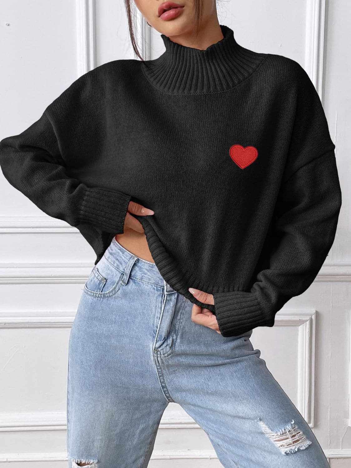 Trendsi Heart Turtleneck Sweater Women's Fall/Winter Fashion Knit Top - Cozy & Stylish
